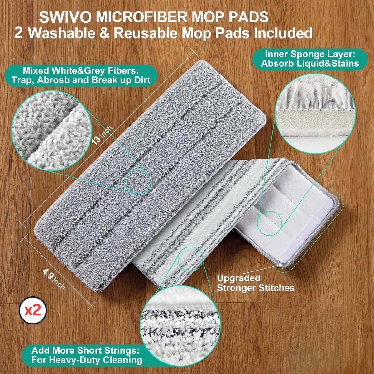 Microfiber mop pads with gray-white mixed fibers showing washable and reusable cleaning technology