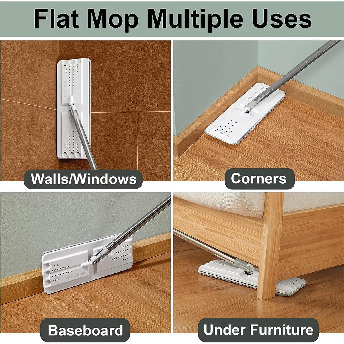 Flat mop multiple uses: cleaning walls, corners, baseboards, and under furniture with white pad