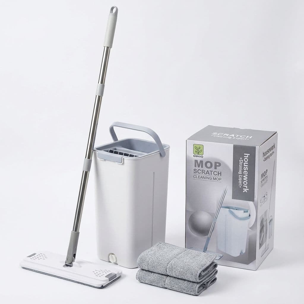 White mop bucket set with stainless steel handle, gray pads, and product packaging on white background